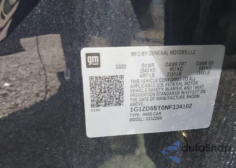 2022 Chevrolet Malibu Fwd Lt z USA, uszkodzony, nr VIN 1G1ZD5ST0NF134102